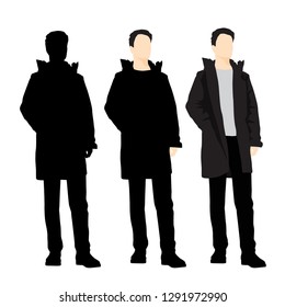 Set of silhouettes man in outerwear standing, cartoon character, business people in black and colorful clothes, vector silhouettes and flat designe icon isolated on white 