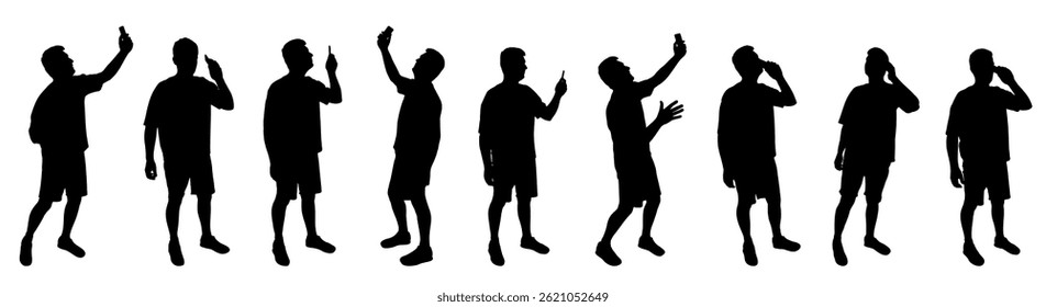 Set of silhouettes. Man with phone. Person taking selfie with smartphone and talking by mobile. Vector illustration.