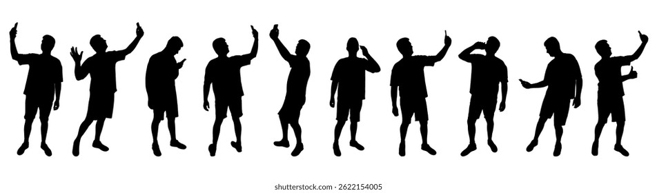 Set of silhouettes. Man with phone. Person taking selfie with smartphone and talking by mobile. Vector illustration.
