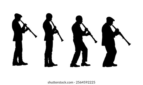 set of silhouettes of a man playing the clarinet, clarinetist - vector illustration
