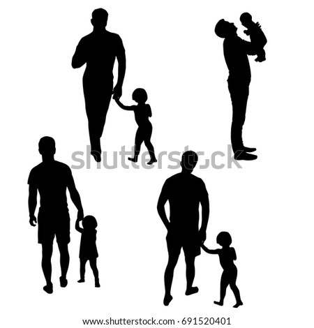Set of silhouettes of man with a small child, vector, in various poses, black color, isolated on white background