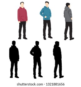 Set of silhouettes man standing, cartoon character, group business people in black and colorful clothes, vector silhouettes and flat designe icon isolated on white 