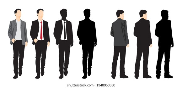 Set of silhouettes man standing, cartoon character, business people in black and colorful clothes, vector silhouettes and flat designe icon isolated on white 