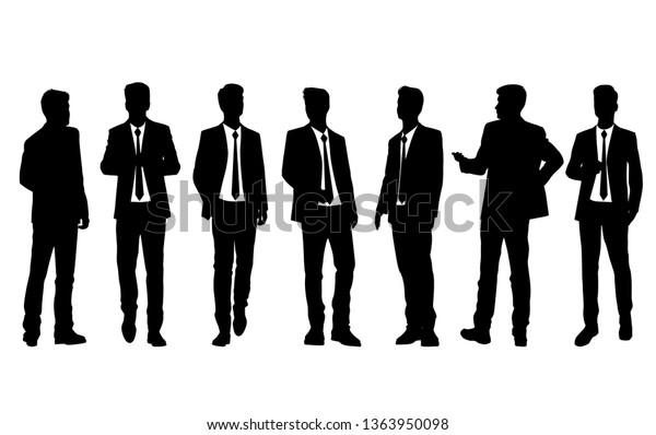 白い背景にシルエット男性の立ち姿 漫画のキャラクター ビジネスマングループ 黒いスーツ ベクターシルエット フラットデザインアイコン のベクター画像素材 ロイヤリティフリー