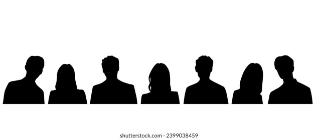 Set silhouettes of man and woman, business profile avatar,  group people, black color, isolated on white background