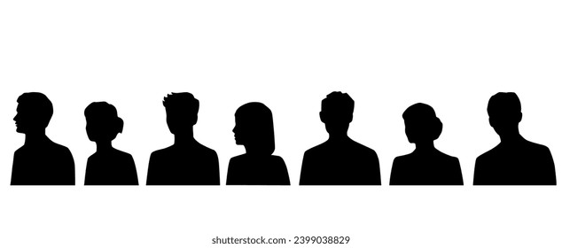 Set silhouettes of man and woman, business profile avatar,  group people, black color, isolated on white background
