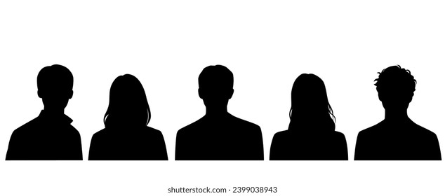 Establecer siluetas de hombre y mujer, avatar de perfil de negocios, personas de grupo, color negro, aislado en fondo blanco