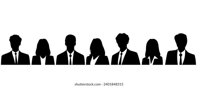 Set silhouettes of man and woman, business profile avatar,  group people, black color, isolated on white background