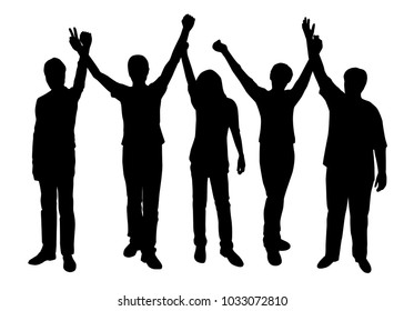 Set silhouettes man and woman standing with hands up, group of people, black color isolated on white background