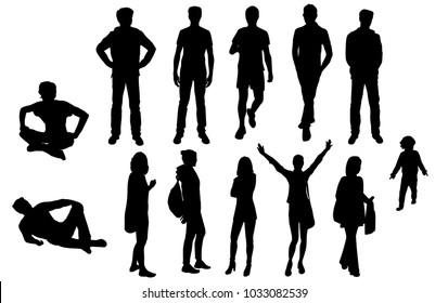 Set silhouettes man and woman standing, sitting,  with hands up, group of people, vector, black color isolated on white background