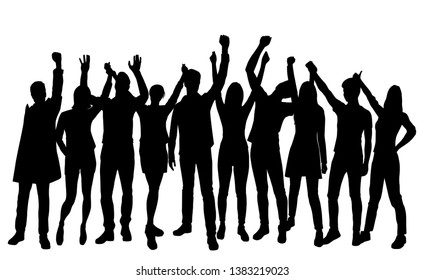 Set silhouettes man and woman standing with hands up, group of people, black color isolated on white background