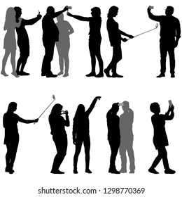 Set silhouettes man and woman taking selfie with smartphone on white background