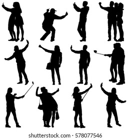 Set silhouettes man and woman taking selfie with smartphone on white background. Vector illustration.