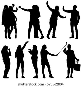 Set silhouettes man and woman taking selfie with smartphone on white background. Vector illustration.