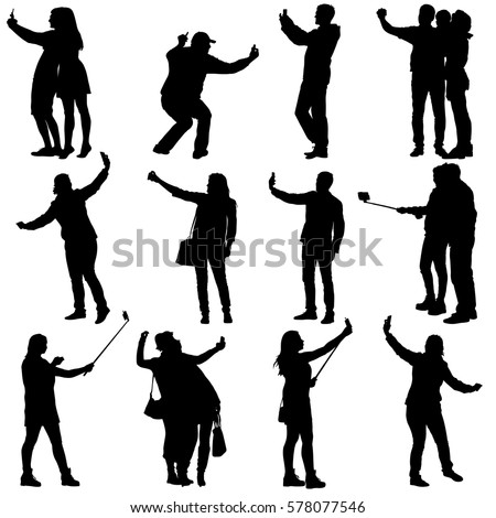 Set silhouettes man and woman taking selfie with smartphone on white background. Vector illustration.