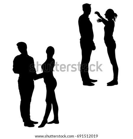 Set of silhouettes of man and woman, vector, different pose, black color, isolated on white background
