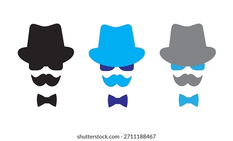 Set of Silhouettes of a man's head in a hat, mustache, glasses and bow tie