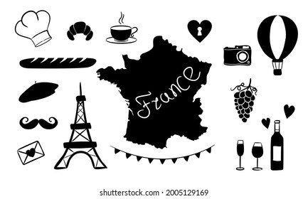 Set of Silhouettes Maps of France and National French Symbols. Isolated elements for Bastille Day or National Decor of France. Hand drawn Vector illustration for a festive or holiday decoration.
