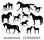 Set of silhouettes of a mare with foals