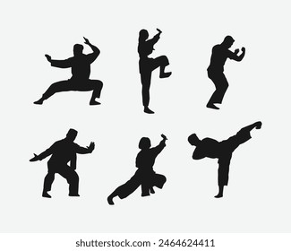 conjunto de siluetas de artes marciales pencak silat con diferente acción, pose. aislado sobre fondo blanco. Ilustración vectorial.