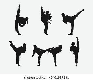 set of silhouettes of martial arts taekwondo with different action, pose. isolated on white background. vector illustration.