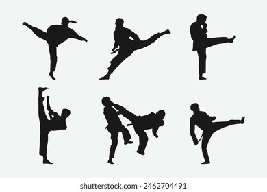 set of silhouettes of martial arts taekwondo with different action, pose. isolated on white background. vector illustration.