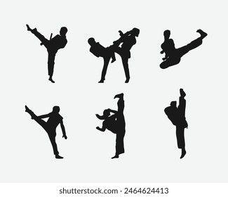 set of silhouettes of martial arts taekwondo with different action, pose. isolated on white background. vector illustration.