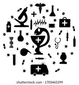 Set of silhouettes of medical flat icons: ambulance, dna, microscope, virus, doctor, caduceus, laboratory glassware, syringe, snake, mask. Collection of modern infographics. Design is drawn by hand.