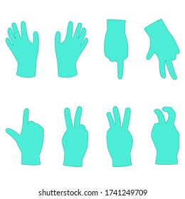 Set of silhouettes of medical gloves. Various gestures with palms.
Isolated on white. Hands and wrists.
Vector illustration.
