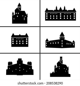 Set of silhouettes of medieval castles.