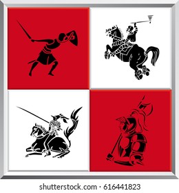 Set of silhouettes of medieval knights on white and red squares background - Vector image