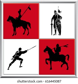 Set of silhouettes of medieval knights on white and red squares background - Vector image