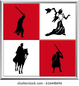 Set of silhouettes of medieval knights and princess on white and red squares background - Vector image