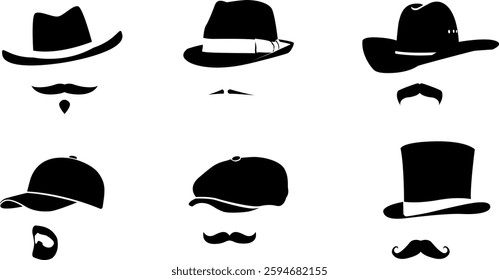 Set silhouettes men hat and cap with mustaches, black on white background. Stock vector illustration