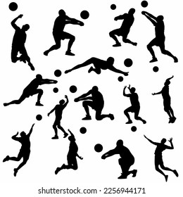 set of silhouettes of men playing volleyball, white background