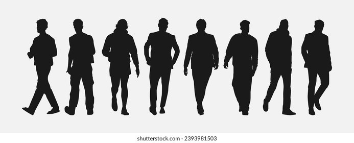 set of silhouettes of men walking forward. isolated on white background. graphic vector illustration.