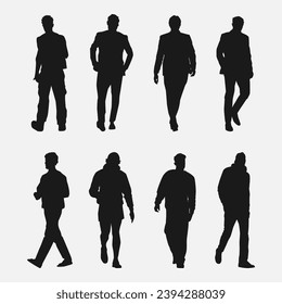 set of silhouettes of men walking forward. isolated on white background. graphic vector illustration.