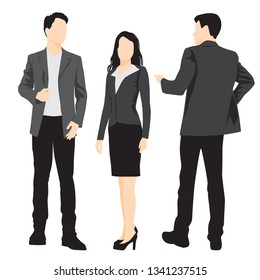Set of silhouettes of men and woman standing in different poses with smart phone, cartoon character, group of business people, vector illustration, flat designe icon, isolated on white 