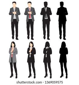 Set of silhouettes of men and woman standing in different poses with smart phone, cartoon character, group of business people, vector illustration, flat designe icon, isolated on white 