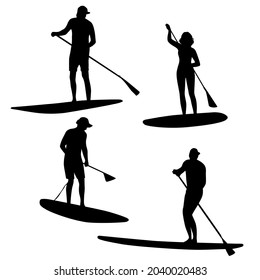 Conjunto de siluetas para hombres y mujeres con relleno de montura SUP-BOARD. El hombre de la playa de la tabla de remo se pone de pie en la tabla de remo y aprende a navegar en el agua, dibujos animados planos, color negro aislado en fondo blanco