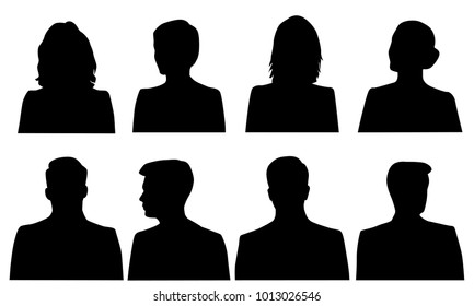 Set silhouettes of men and women, business profile avatar, black color, isolated on white background