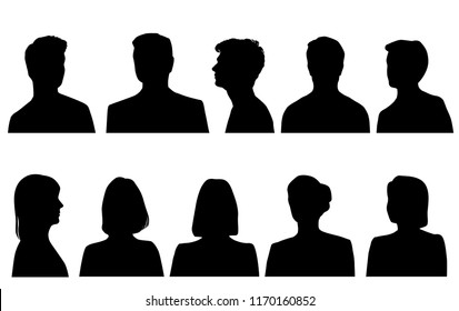 Set silhouettes of men and women, business profile avatar,  group people,black color, isolated on white background