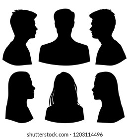 Set silhouettes of men and women, business profile avatar,  group people, black color, isolated on white background