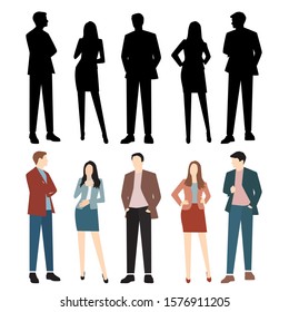 Set of silhouettes of men and women in business clothes of different colors, cartoon character, group of standing people, flat icon design concept isolated on white background