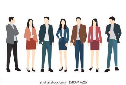 Set of silhouettes of men and women in business suits of different colors, vector cartoon character, group of standing business people, flat icon design concept isolated on white background