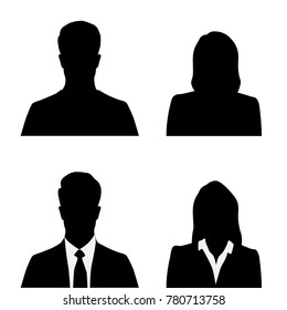 Set silhouettes of men and women, business profile avatar, black color, isolated on white background