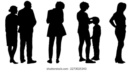 Set of silhouettes of men and a women, a group of standing 
 people black color isolated on white background