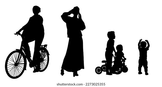 Set of silhouettes of men and a women, a group of standing 
 people black color isolated on white background