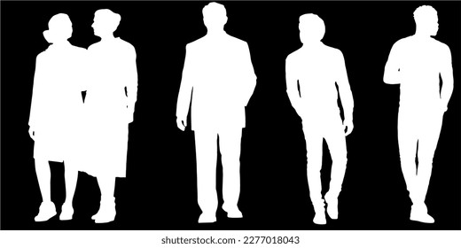 Set of silhouettes of men and a women, a group of standing 
 people white color isolated on black background