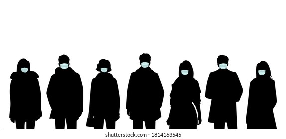 Set of silhouettes of men and women in medical masks, protection from covid 19, in spring, autumn and winter outerwear, standing in different poses, business people, vector illustration, black color